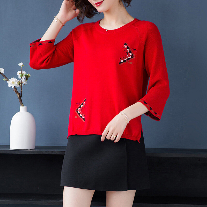 Spring Summer Women's Pullover Sweater Round Collar Loose Korean Three-quarter Sleeve Top Female Print Causal Jumper Tops H9334