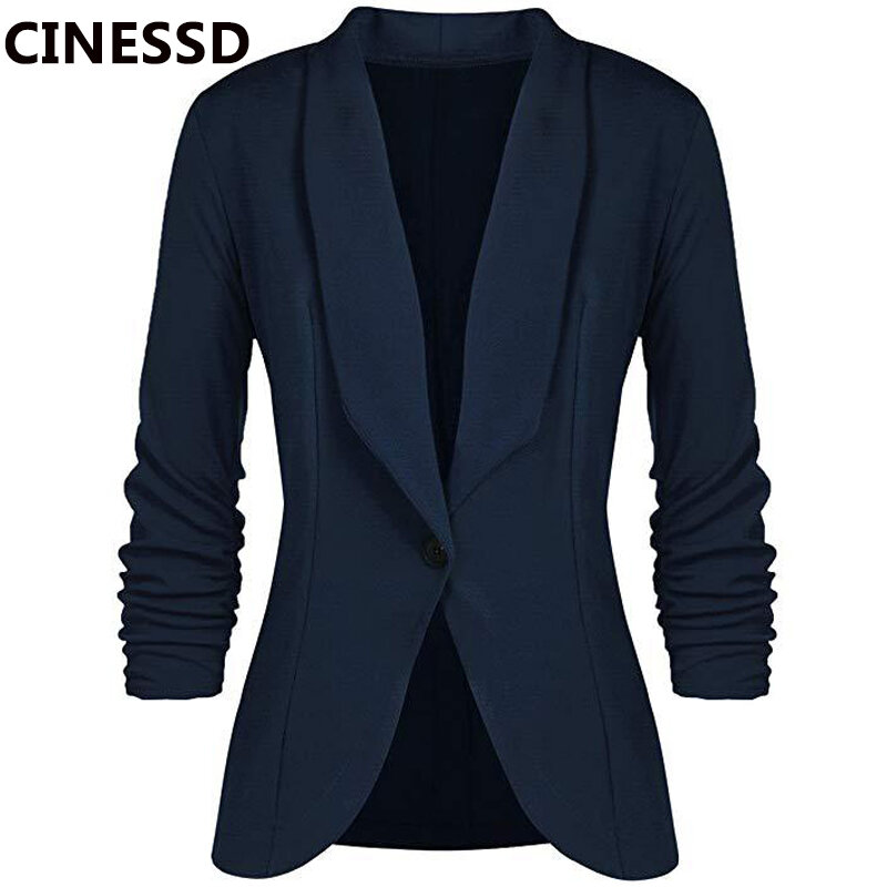 CINESSD Office Lady Blazers Coat Solid Long Sleeves Cardigan Button Casual Suit Navy Blue Draped Slim Cotton Women Blazer Jacket