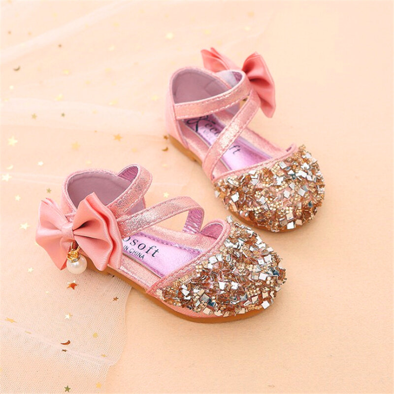 Gold Silver Pink summer Children Leather Shoes Casual Girls Princess Flat Heel Party Shoes Fashion Sequins Bow Pearl Kids Shoes
