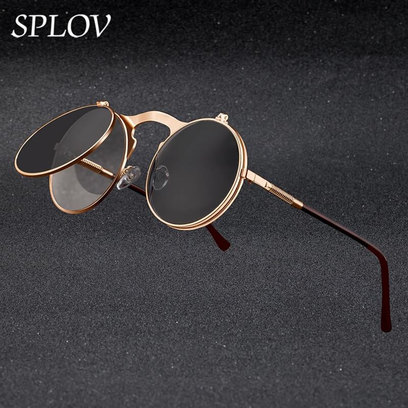 Vintage Steampunk Flip แว่นตากันแดด Retro รอบโลหะแว่นตากันแดดสำหรับผู้ชายและผู้หญิงยี่ห้อ Designer วงกลม Oculos