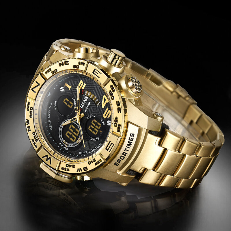 Mizums-relógio de quartzo masculino, marca, esportes, aço, militar, à prova d'água, led, digital, ouro