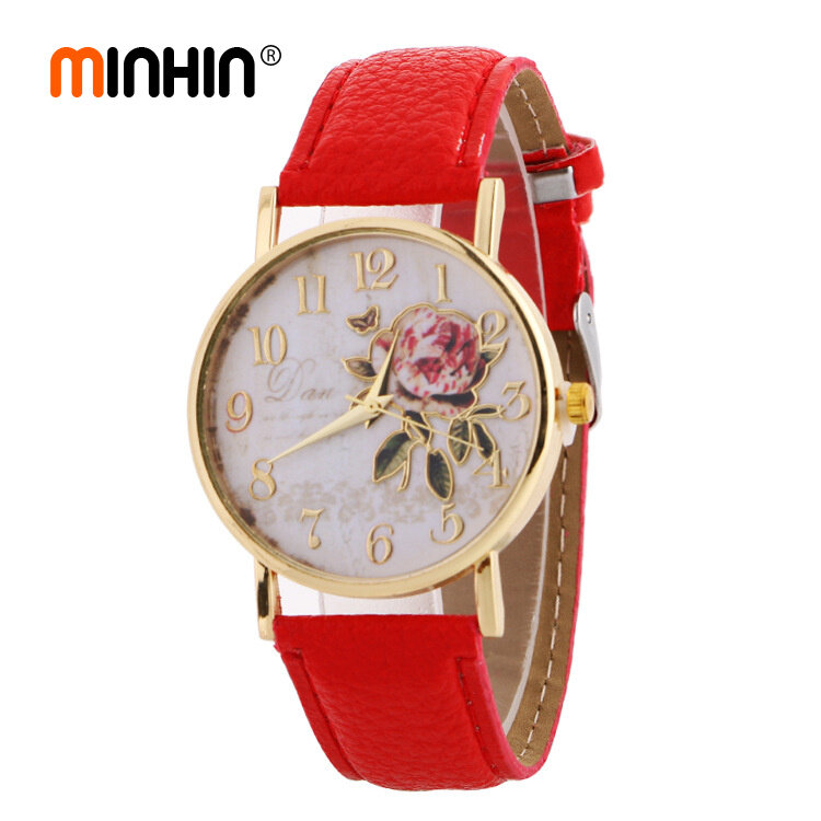 Женские наручные часы MINHIN, повседневные часы с принтом в виде Розы, из ПУ кожи, подарок для студентов
