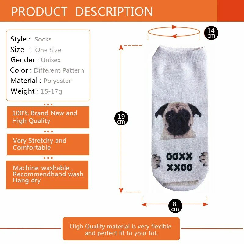 Мужские и женские Короткие хлопковые носки в стиле Харадзюку, носки с 3D принтом животных собак, оптовая продажа