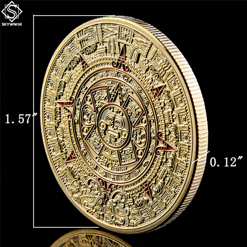 Mexico mayan aztecカレンダーアートの裏地付き文化1.57 "* 0.12" ゴールドコインコレクタブル