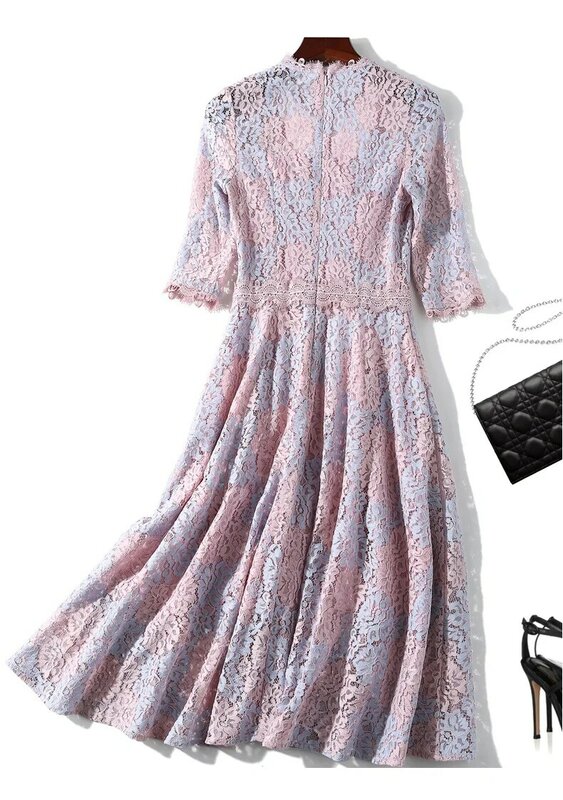 2023 더블 컬러 레이스 섹시한 메쉬 중간 길이 A자형 드레스, 유럽과 미국 유명 여성 드레스, 여름 신상