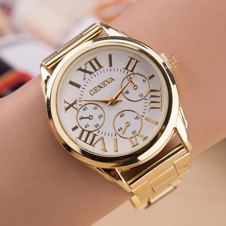 2024ใหม่ล่าสุดนาฬิกาควอตซ์ลำลองเจนีวาสีทอง3ตาสำหรับผู้หญิงนาฬิกาสเตนเลสสตีลนาฬิกาสตรี relogio feminino ขายดี