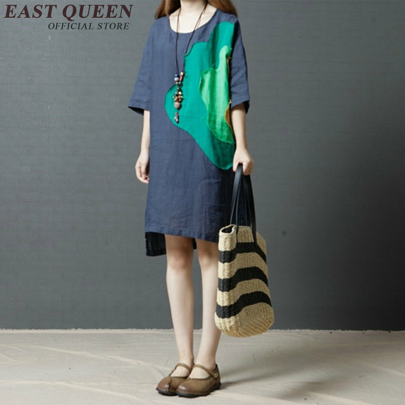 Vestido oriental Chino de lino para mujer, ropa de algodón y lino con cuello redondo, art deco, NN0725 CQ, verano, 2018