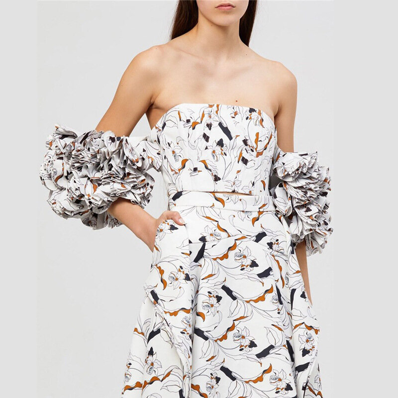 2019 새로운 여성의 섹시한 끈이 프릴 레이스 퍼프 슬리브 인쇄 패션 끈이 없는 탑