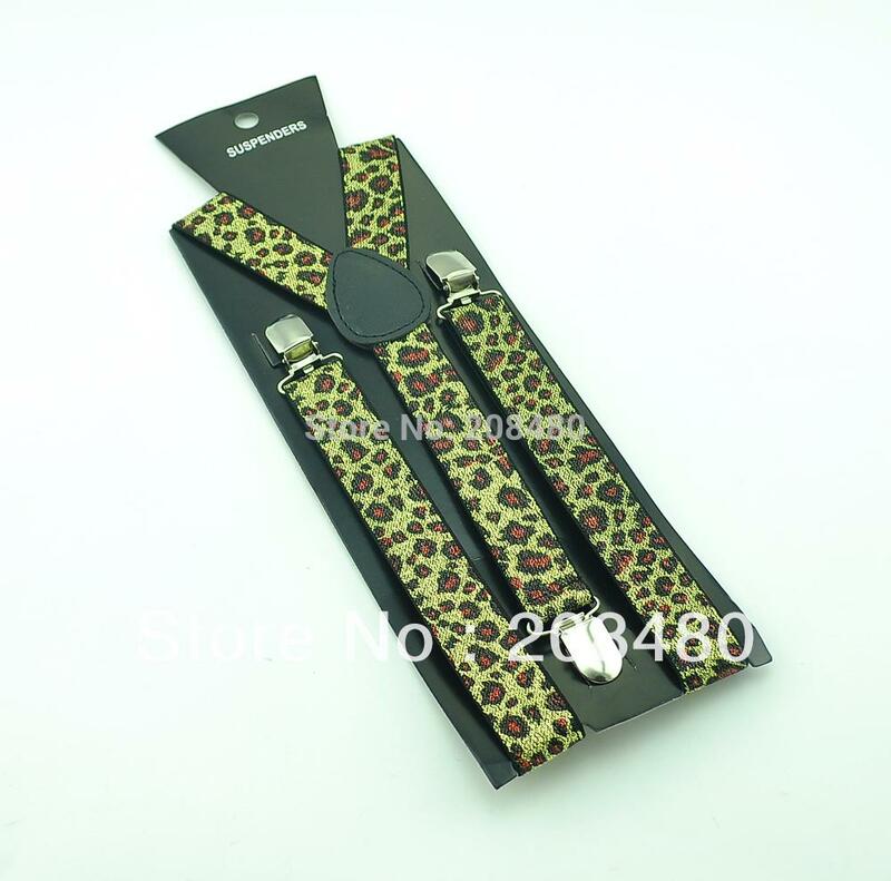 Gratis Pengiriman-Unisex Clip-On Kawat Gigi Elastis Suspender 2.5 Cm/1 Inci Lebar "Leopard Glitter" pola Y Kembali Suspender/Gallus