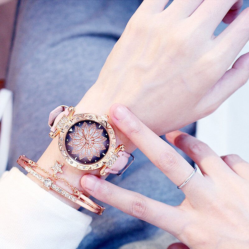 Reloj de lujo de cielo estrellado con diamantes de oro rosa para mujer, reloj de pulsera de cuarzo con banda de cuero informal para mujer, reloj para mujer, zegarek damski