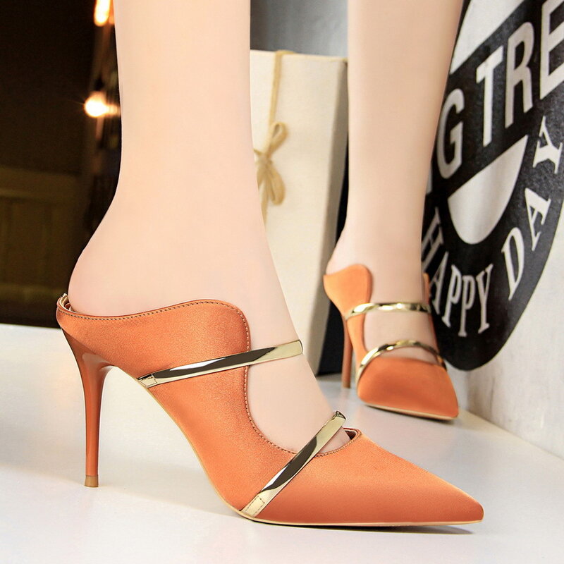 Sexy women Sandals Fine with High heel Satin Shallow mouth Pointed Hollow metal Word Band slippers shoes woman BIGTREE