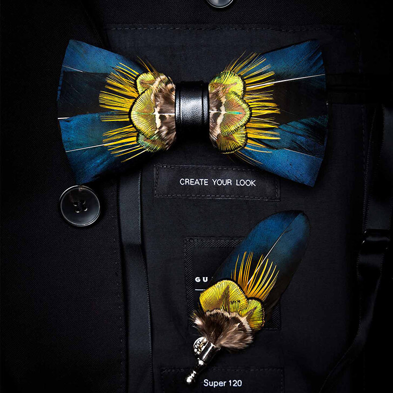 Jerman Asli Alami Brid Bulu Indah Buatan Tangan Busur Dasi Bros Pin Kotak Hadiah Set untuk Pria Pesta Pernikahan dasi Kupu-kupu