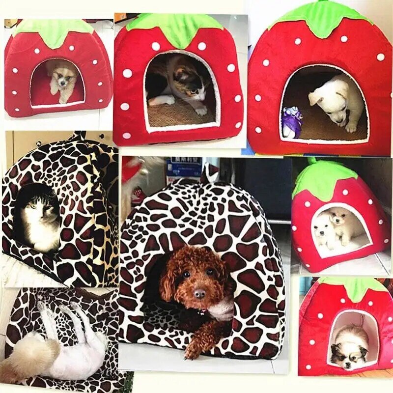 Soft Strawberry Pet Dog Cat House Comfortable Kennel Doggy Bed Foldable Fashion Cushion Basket Cute Animal Cave Pet Products