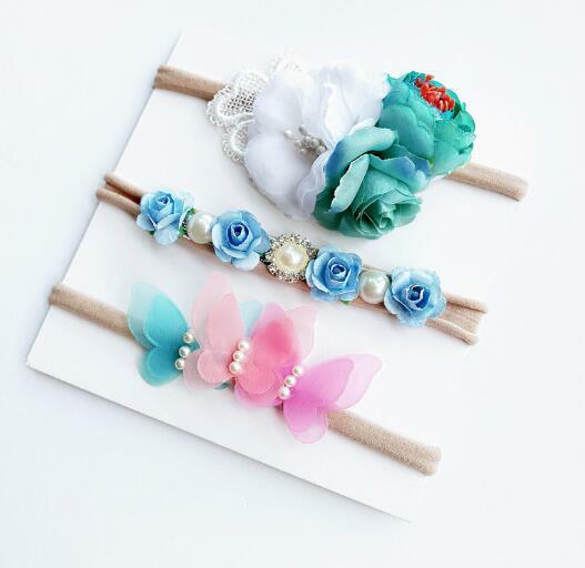 3 pièces/ensemble bandeau en nylon avec nœuds pour nourrissons, style bohémien, bandeau à fleurs de plage, accessoires de cheveux pour enfants, accessoire de photographie