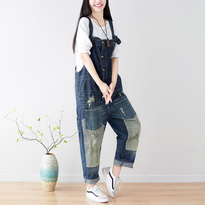 Nieuwe-2019 vrouwelijke nieuwe lente plus size casual stiksels patch jeans en met doen oude gaten losse brede been broek
