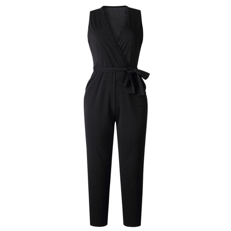 Summer Women Fashion lace Jumpsuit Romper Sexy V Neck Backless pocket Beach Bodycon lace-up femme Jumpsuit solid black Overalls