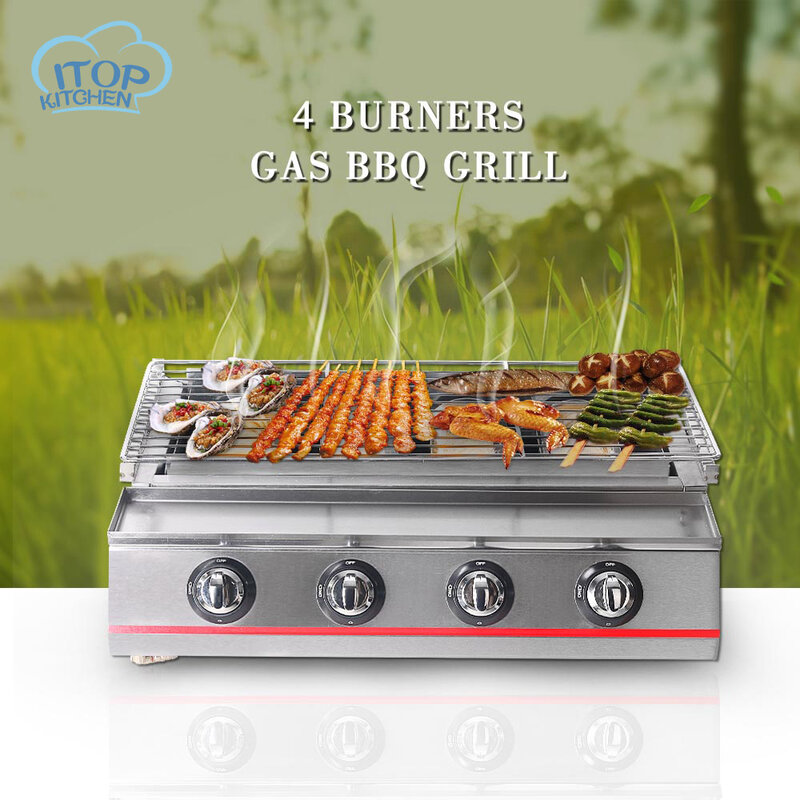 4 Burners Gas BBQ Grill Smokeless Stove Commercial Fast Delivery Adjustable Height Portable