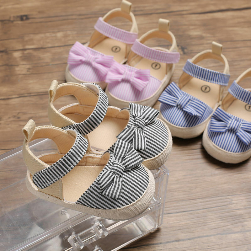 2022 Children Summer Shoes Newborn Infant Baby Girl Boy Soft Crib Shoes Infants Anti-slip Sneaker Striped Bow Prewalker 0-18M