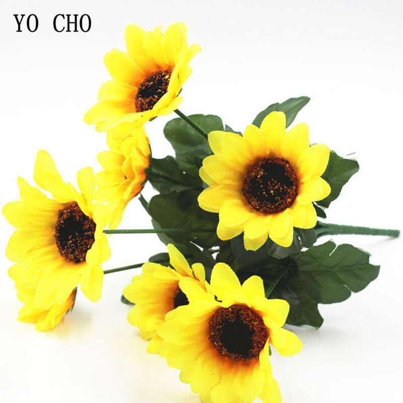 YO CHO Wedding Bouquet Bridesmaids Holding Flowers Artificial Silk Sunflower Baby's Breath Bouquet DIY Home Party Prom Supplies