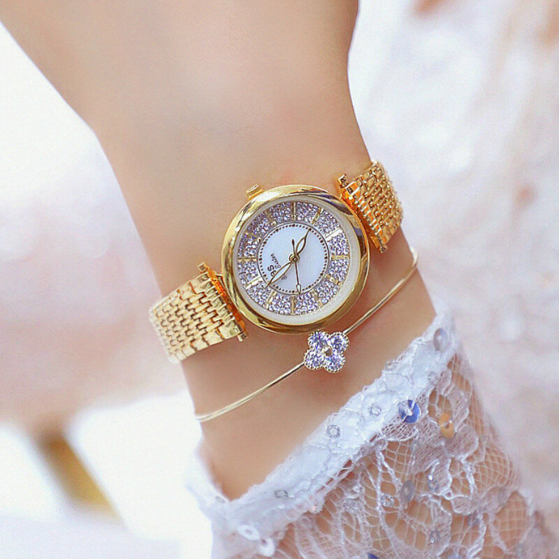 Relógio de pulso feminino com cristais, relógios de pulso luxuosos de aço inoxidável e quartzo, para moças com data