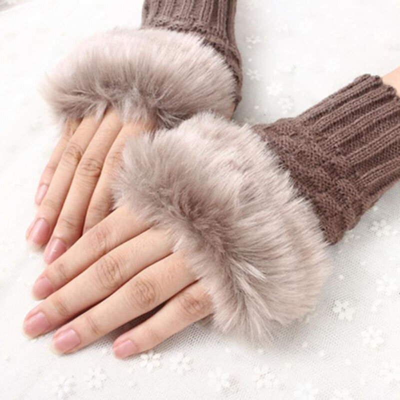 Зимние женские перчатки 2022, теплые стильные перчатки, вязаные рукавицы из искусственной шерсти, перчатки без пальцев из кроличьего меха, женские перчатки на запястье, подарок