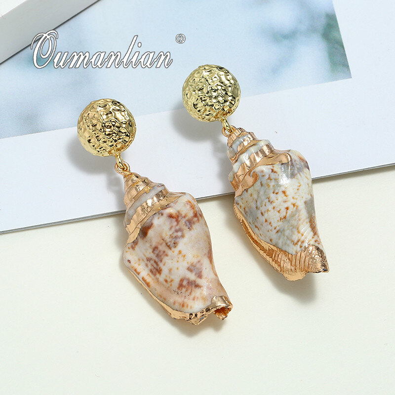 2021 New Trend Natural Sea Shell Handmade Big Statement Golden Plated High Quality Earrings Fashion Jewelry Gift for Women E117