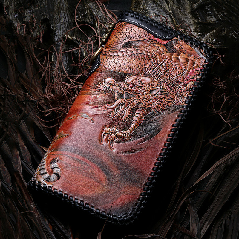 Master works carteiras de couro genuíno escultura dragão tigre bolsas masculino longo embreagem vegetal curtido couro carteira titular do cartão