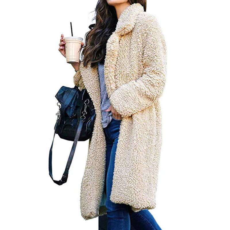 Feminino casaco de pele do falso casaco de inverno cardigan mid-long lapela windbreakers cordeiro veludo longo jaqueta feminina de pelúcia outerwear c55