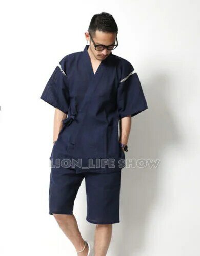ผู้ชายฤดูร้อน Jinbei ญี่ปุ่นกิโมโนแขนสั้น2ชิ้นชุดชุดนอนชุดนอน Loungewear