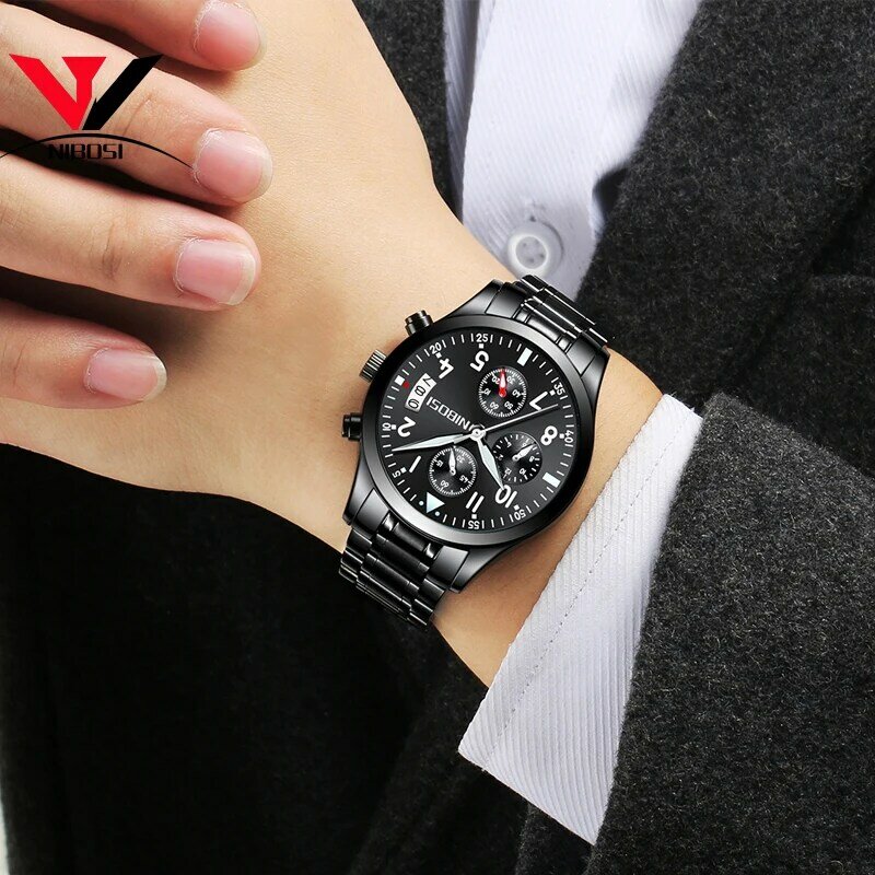 Relogio masculino nibosi relógios masculinos marca de luxo famosa marca relógio masculino à prova dwaterproof água aço inoxidável esporte relógio para homem