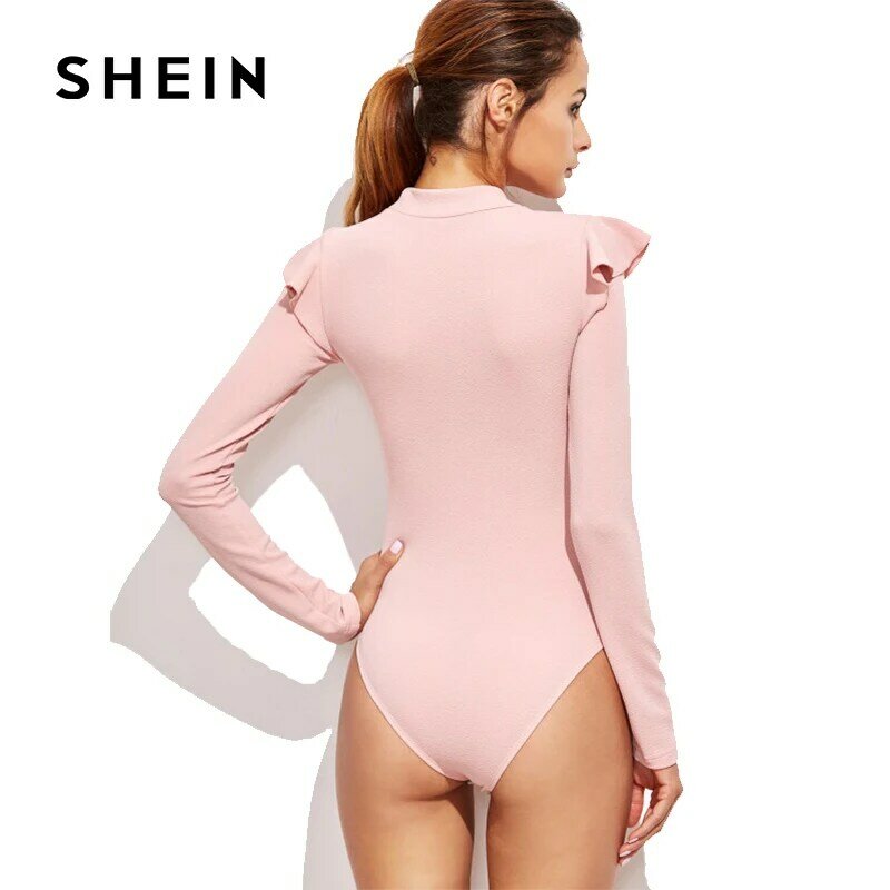 SHEIN Mock Neck Frill Trim Bodysuit,2017 Fashion Pink Round Neck Bodysuits,Cute And Elegant Style Romper Clothing