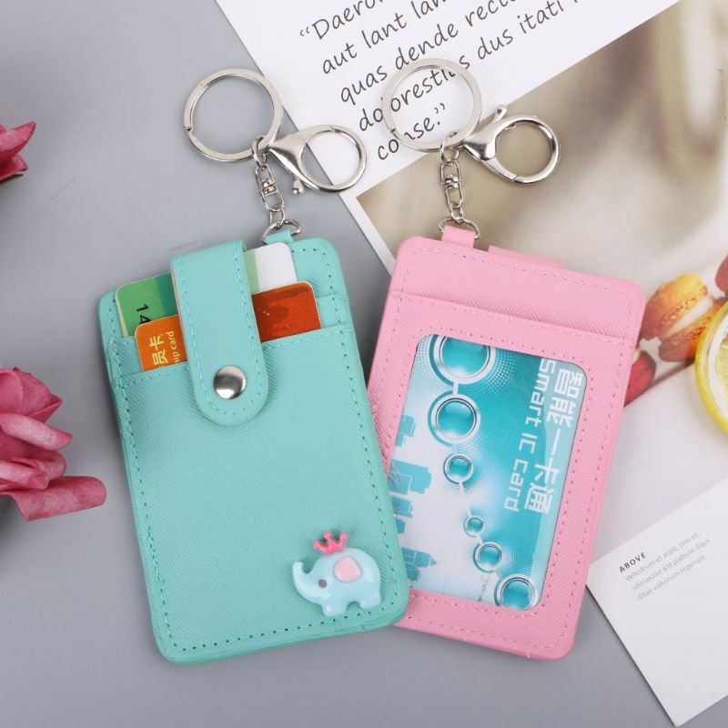 THINKTHENDO Girls Portable Cute Leather ID Card Holder Card Pocket Case Badge With Keychain Key Ring Unisex Card Bags 7.5x11.5cm