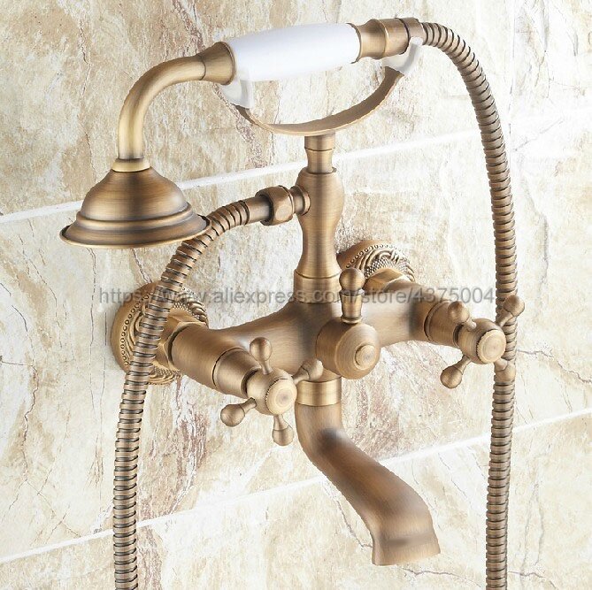 Grifo de bañera de latón antiguo montado en la pared, doble manija cruzada, con rociador de ducha manual, Ntf122