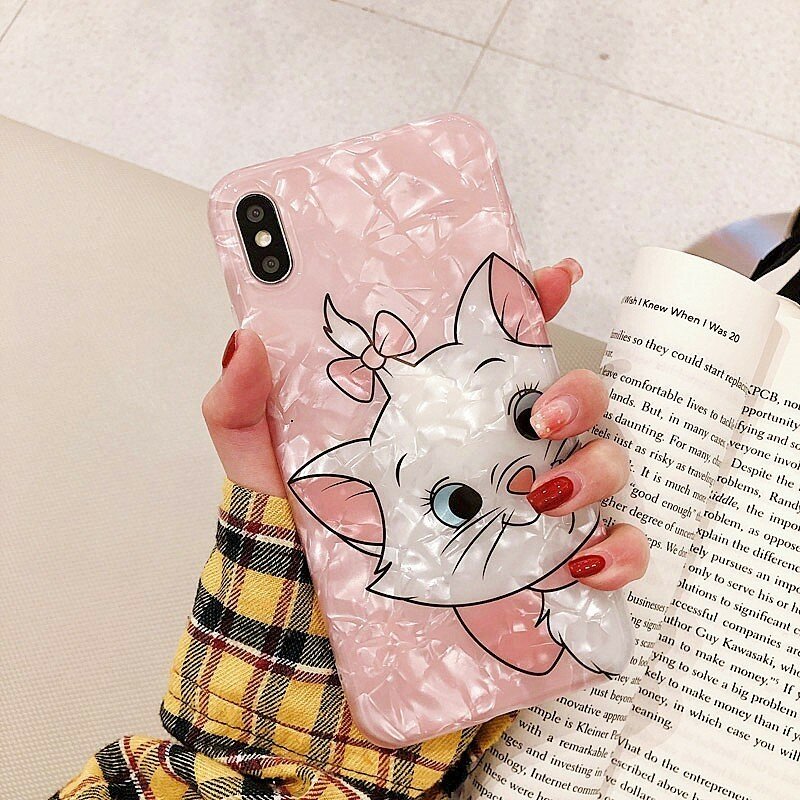 Bonito gato rosa marie caso de telefone para iphone 7 xs max xr x 6 8 mais adorável engraçado dos desenhos animados brilhante concha de mármore capa macia