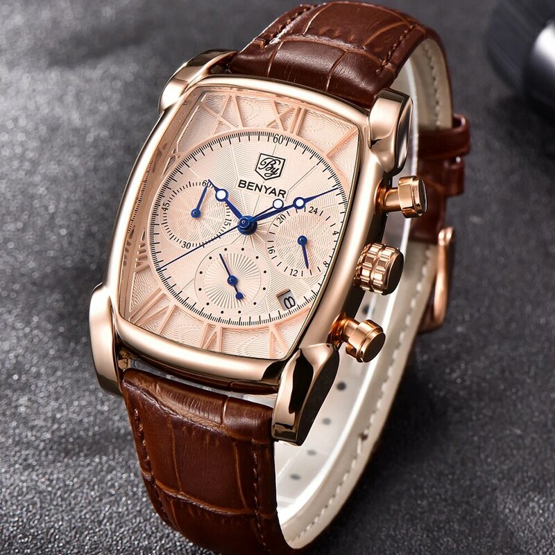BENYAR Chronograph Sport Men Watches 2018 Luxury Brand Gold Rectangle Watch Men Leather Band Waterproof Quartz Wristwatch mens
