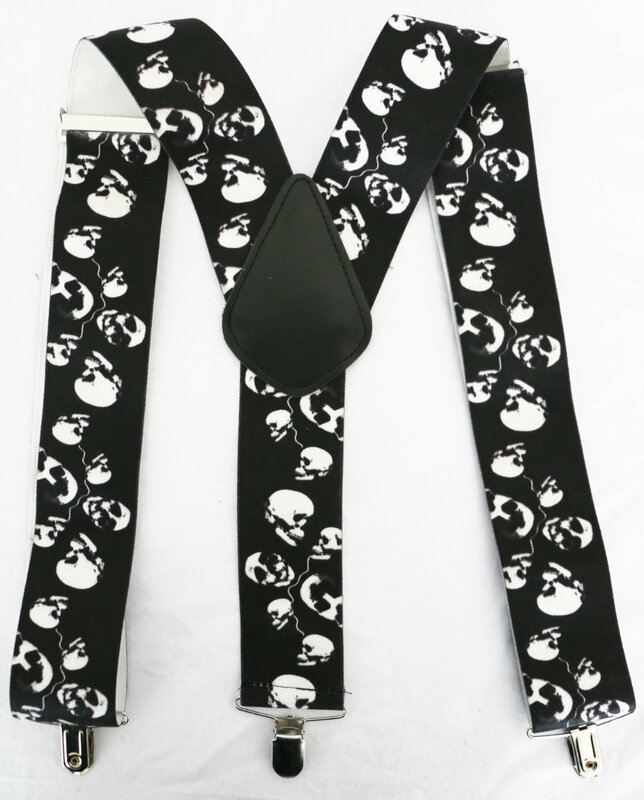 Free Shipping  New Fashionable Mens 50mm Wide Black Y Back 3 Clips Skull Heavy Duty Suspenders Braces Mens