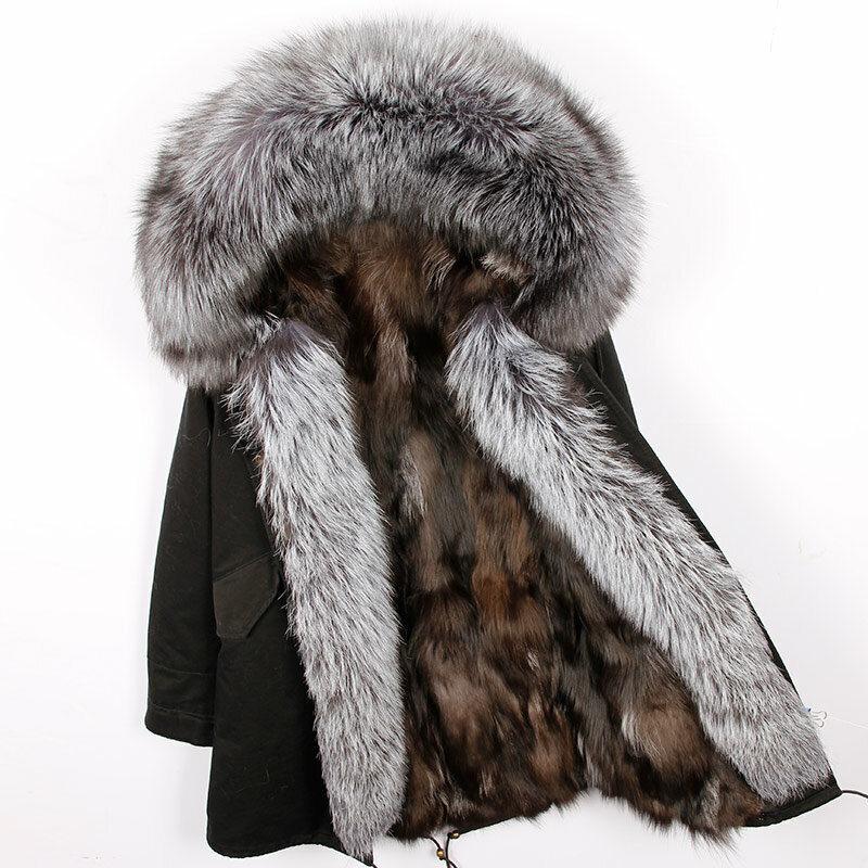MAOMAOKONG Real Big Fox Fur Coat Winter Jacket Women Natural Hooded Thick Warm Detachable Fur Liner Parkas Fashion Luxury Female