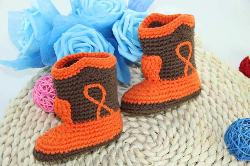 free shipping,Cute Handmade Knit Crochet baby Cowboy Boots Shoes Newborn Photo Prop New - Orange/brown