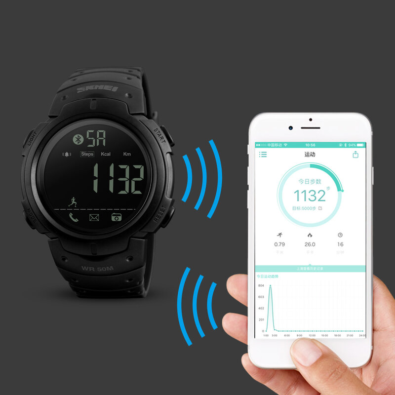 Reloj inteligente de moda SKMEI para hombre, podómetro, Calorie, Bluetooth, cámara remota, reloj inteligente, recordatorio, relojes de pulsera digitales