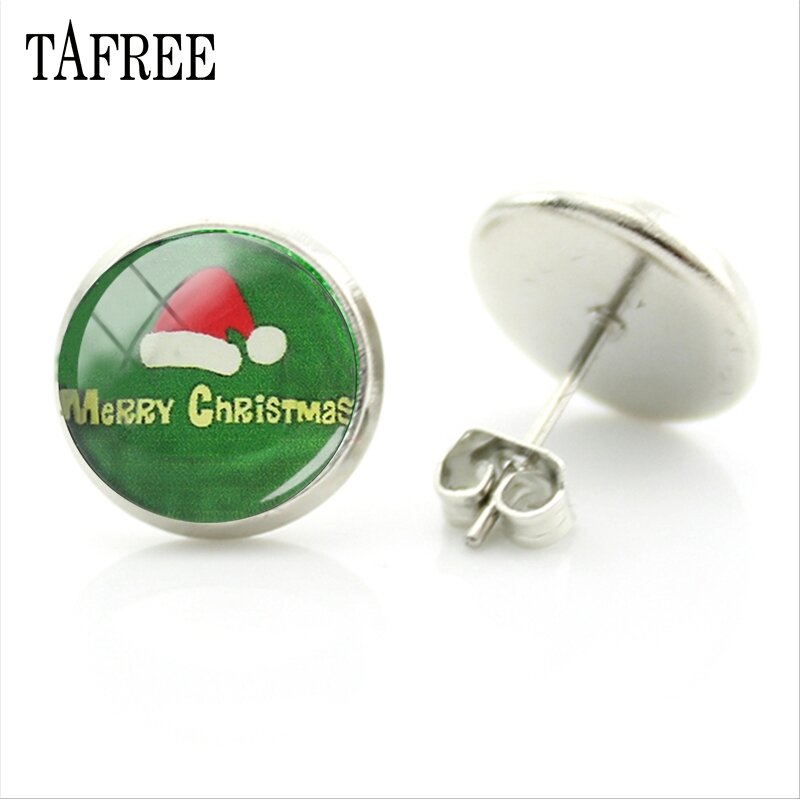 TAFREE Boutique Glass Cabochon Snowman Stud Earring Christmas Round Photo Dome For Women Gift festival decoration jewelry C55-25