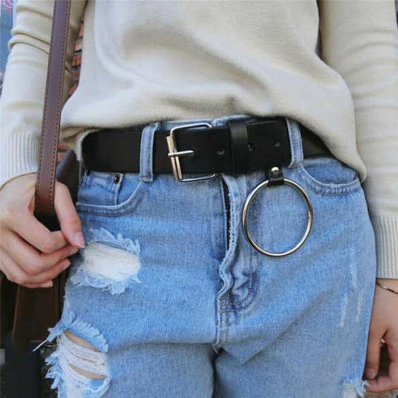 brown leather black strap belt women Gold Round buckle belts female leisure jeans wild belt without pin metal buckle