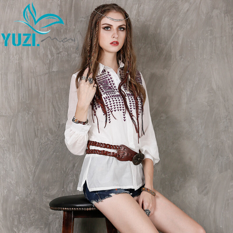 Yuzi-Blusa de seda de algodón para mujer, camisa de manga larga con cuello vuelto, bordada, holgada, B9127, 2017