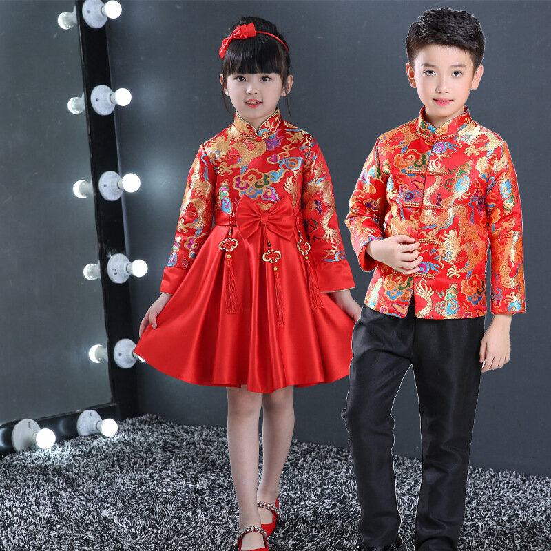 Anak-anak Gaun Dinasti Tang Tradisional Cina Pakaian Jaket Kostum Celana untuk Anak Boy Girl Pakaian