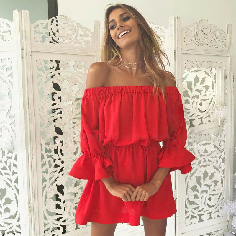 2019 Women Dresses Summer Flare Sleeve Off Shoulder Bandage Solid color Sundress Casual Sexy Holiday Dress W0619