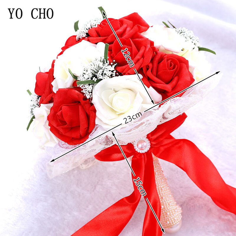 YO CHO Buket Pernikahan Pengiring Pengantin Buatan PE Bunga Mawar Palsu Mutiara Buket Merah Muda Perlengkapan Pernikahan Dekorasi Festival