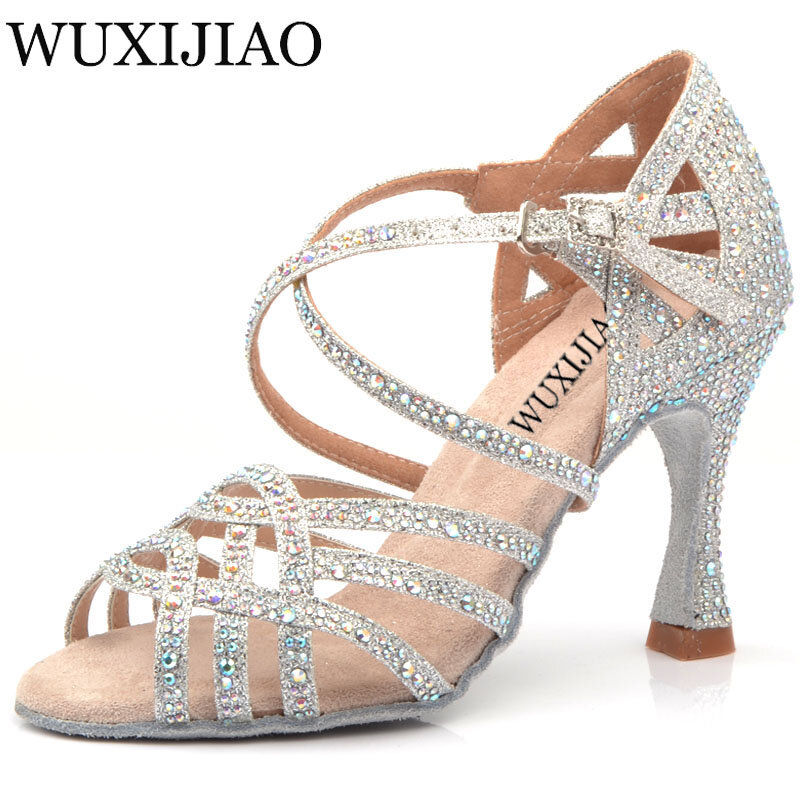Wuxijiao-strass sapatos de dança latina para as mulheres, sapatos de salão, salto alto, prata, azul, 9cm, venda especial