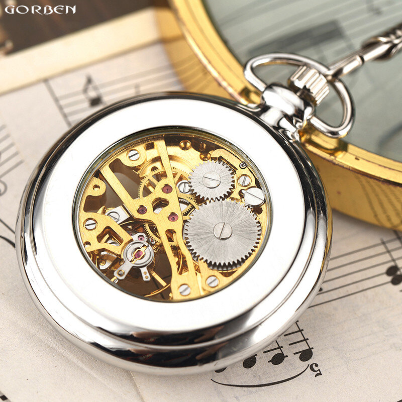 Luxury Skeleton Steampunk Mechacnical Mens Pocket Watch with FOB Chain Smooth Steel Metal Clock Hand Wind Doctor Pendant Watches