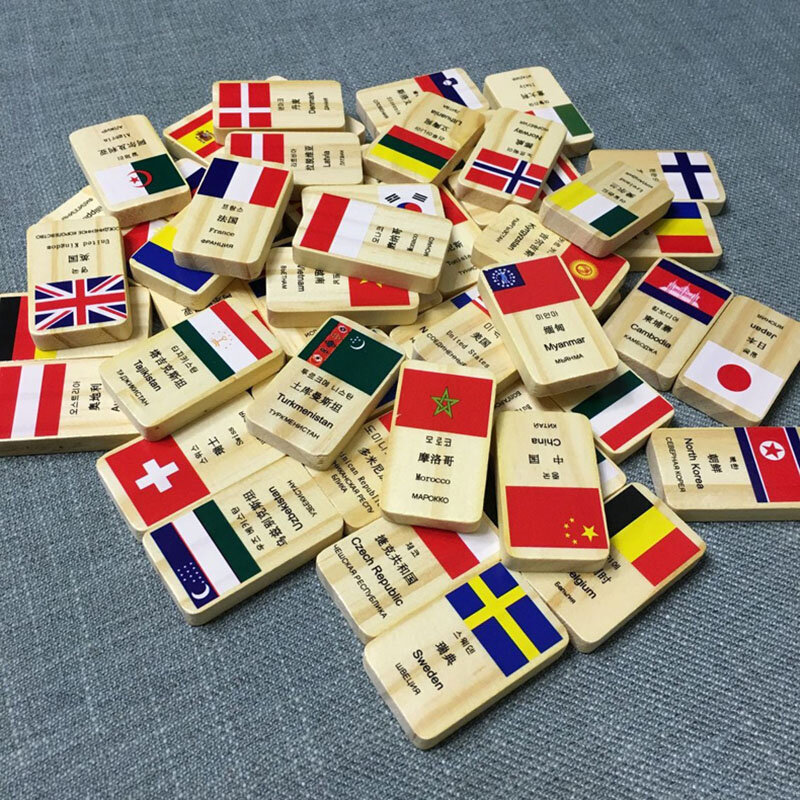 100 stücke Kinder Holz Flag Lernen Block Spielzeug Kits Domino Blöcke für Kinder lernen Welt Fahnen Pädagogisches Spielzeug Festival Geschenk