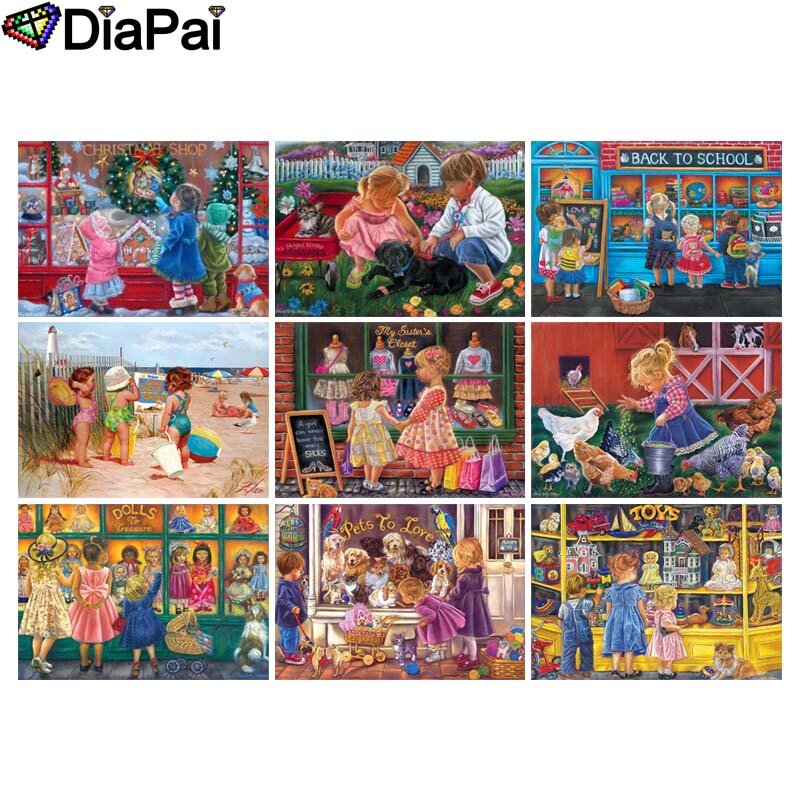 DIAPAI 5D DIY 다이아몬드 페인팅 100%, 풀 스퀘어 및 라운드 드릴, 3D 자수 크로스 스티치 홈 장식, "어린이 상점 풍경"