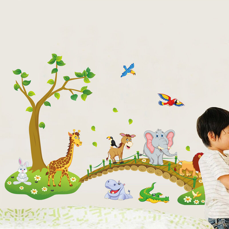 3D Bande Dessinée Jungle sauvage animal arbre pont lion Girafe éléphant oiseaux fleurs stickers muraux pour enfants chambre salon maison décor